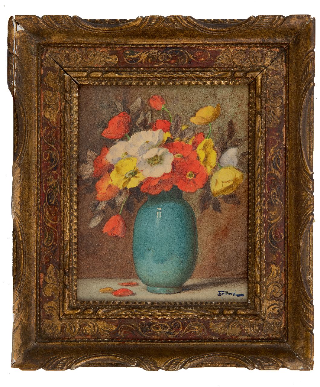 Filliard E. | Ernest Filliard | Aquarellen en tekeningen te koop aangeboden | Papavers in blauwe vaas, aquarel op papier 16,7 x 13,8 cm, gesigneerd rechtsonder Filliard E. | Ernest Filliard | Aquarellen en tekeningen te koop aangeboden | Papavers in blauwe vaas, aquarel op papier 16,7 x 13,8 cm, gesigneerd rechtsonder
