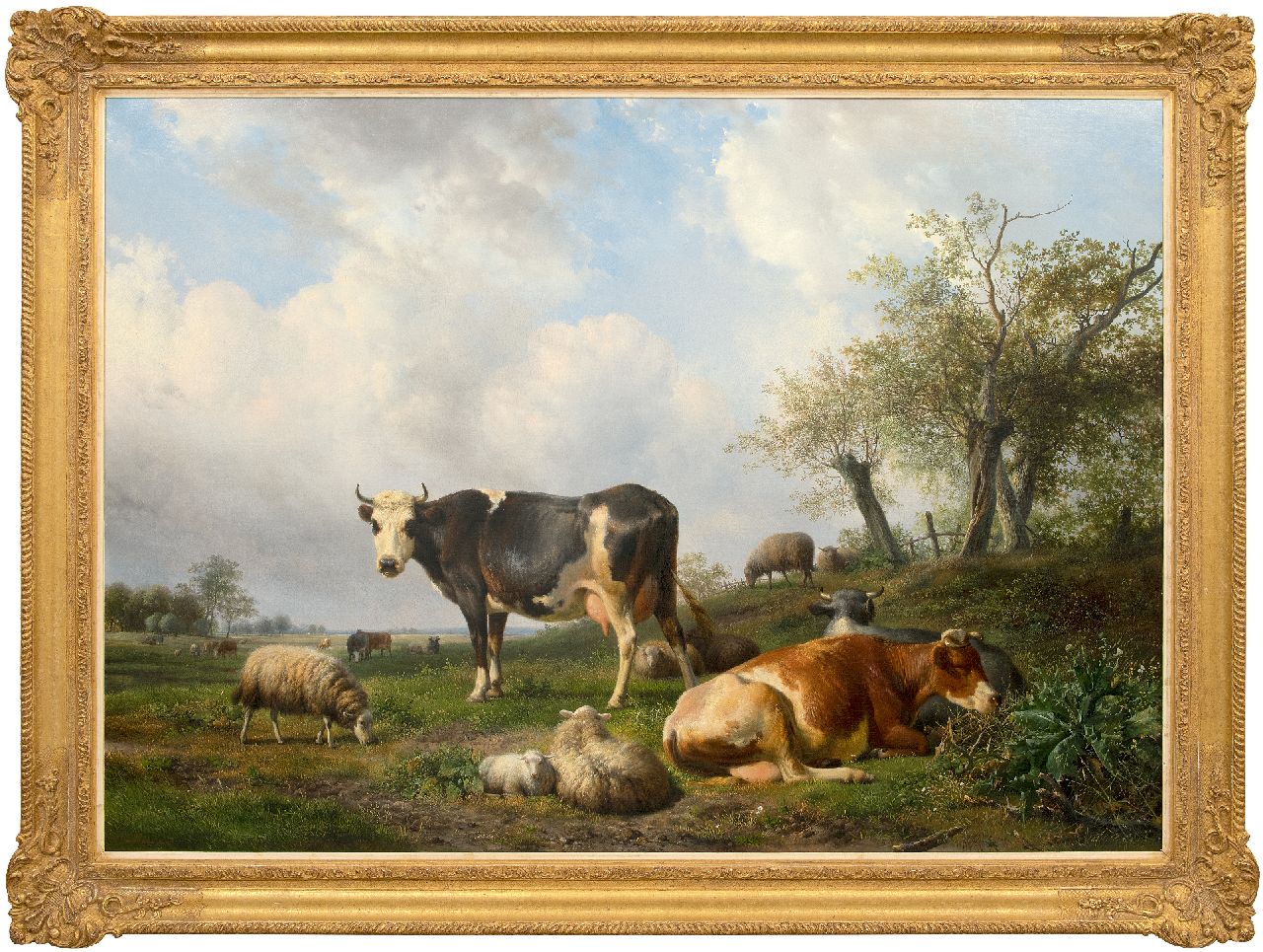 Sande Bakhuyzen H. van de | Hendrikus van de Sande Bakhuyzen | Schilderijen te koop aangeboden | Landschap met rustende koeien en schapen, olieverf op doek 108,3 x 150,1 cm, gesigneerd linksonder Sande Bakhuyzen H. van de | Hendrikus van de Sande Bakhuyzen | Schilderijen te koop aangeboden | Landschap met rustende koeien en schapen, olieverf op doek 108,3 x 150,1 cm, gesigneerd linksonder