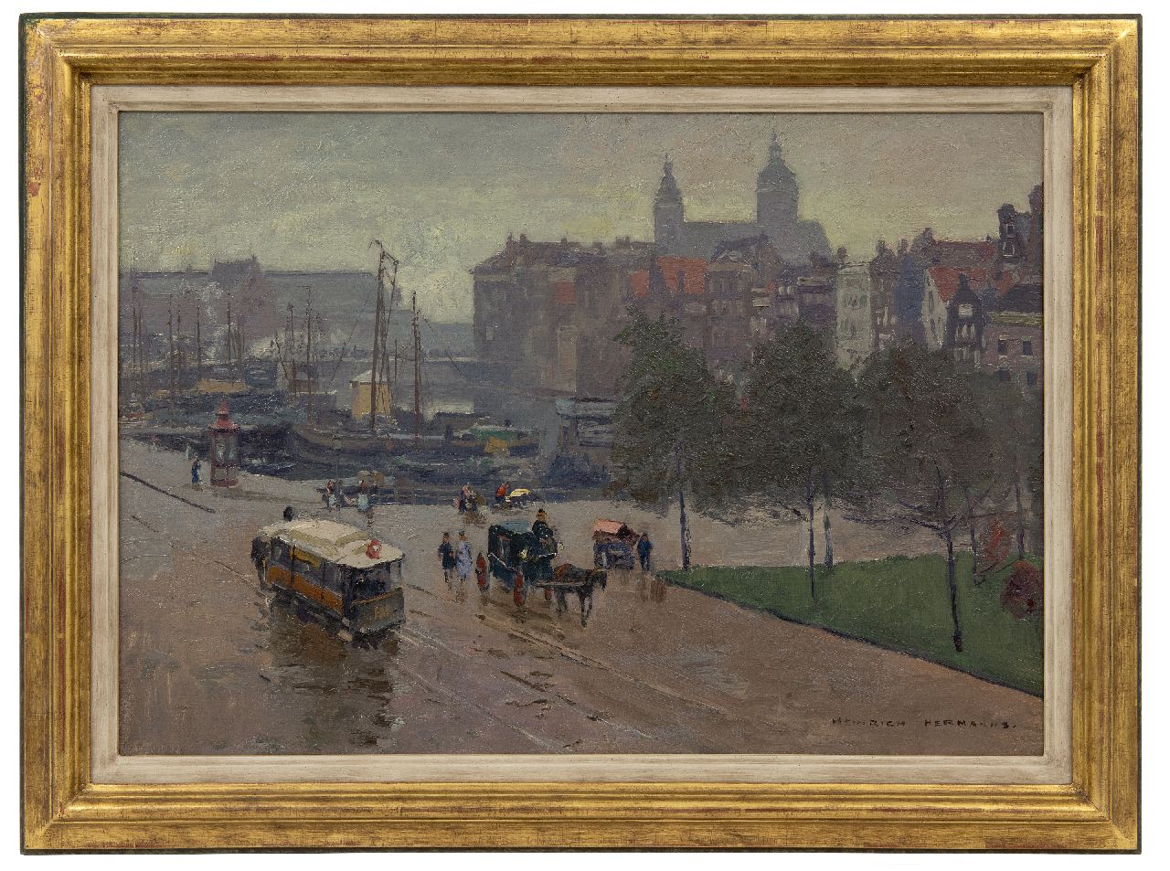 Hermanns H.  | Heinrich Hermanns, Het Damrak, Amsterdam, olieverf op doek 44,6 x 63,6 cm, gesigneerd rechtsonder