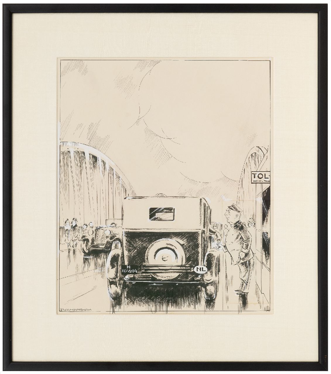 Hem P. van der | Pieter 'Piet' van der Hem | Aquarellen en tekeningen te koop aangeboden | De tolbrug, inkt en aquarel op papier 42,0 x 31,5 cm, gesigneerd linksonder