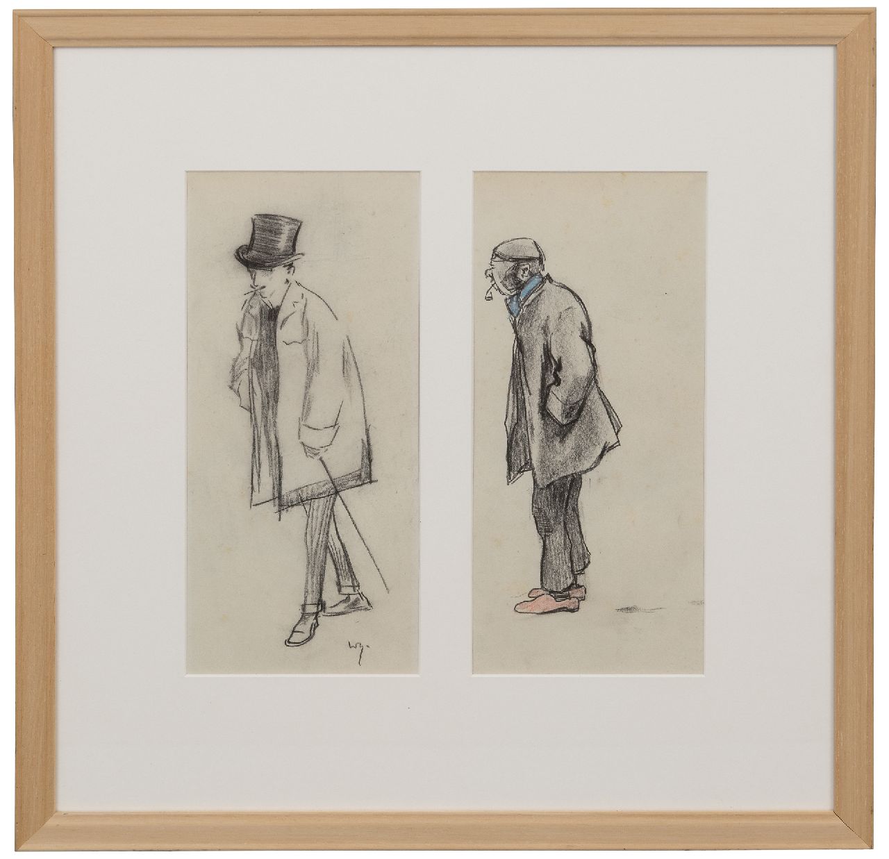 Sluiter J.W. | Jan Willem 'Willy' Sluiter | Aquarellen en tekeningen te koop aangeboden | Een heer met hoge hoed; een werkman met pijp, potlood en kleurpotlood op papier 29,5 x 30,0 cm, gesigneerd linksonder Sluiter J.W. | Jan Willem 'Willy' Sluiter | Aquarellen en tekeningen te koop aangeboden | Een heer met hoge hoed; een werkman met pijp, potlood en kleurpotlood op papier 29,5 x 30,0 cm, gesigneerd linksonder