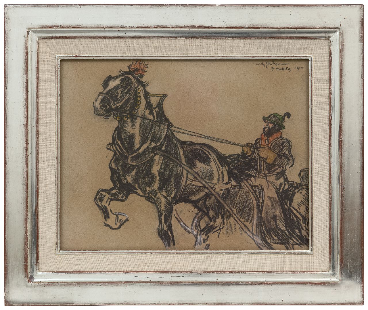 Sluiter J.W. | Jan Willem 'Willy' Sluiter, Met de arrenslee door St. Moritz, gekleurd krijt op papier 31,5 x 41,2 cm, gesigneerd rechtsboven en gedateerd 1910 Sluiter J.W. | Jan Willem 'Willy' Sluiter, Met de arrenslee door St. Moritz, gekleurd krijt op papier 31,5 x 41,2 cm, gesigneerd rechtsboven en gedateerd 1910