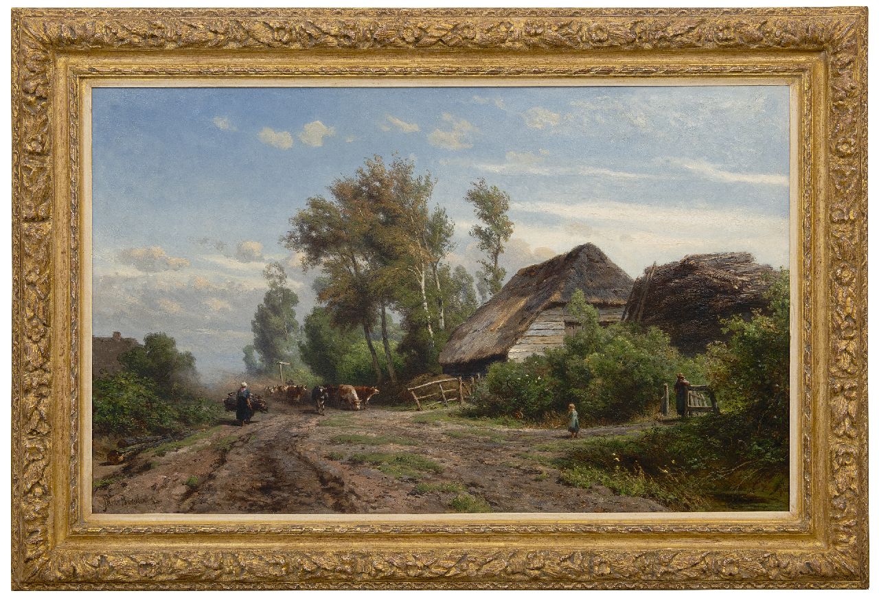 Borselen J.W. van | Jan Willem van Borselen | Schilderijen te koop aangeboden | Landvolk en koeien bij een boerderij, olieverf op doek 65,5 x 106,6 cm, gesigneerd linksonder