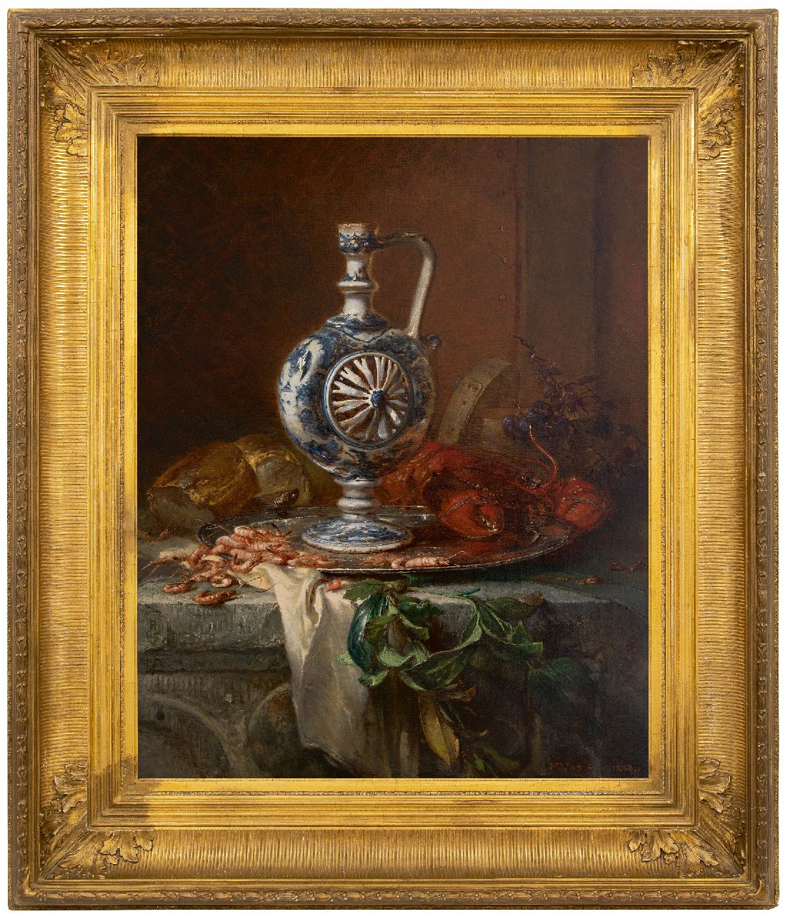 Vos M. | Maria Vos | Schilderijen te koop aangeboden | Stilleven met Delfts aardewerken fopkan, tinnen schaal, kreeft en garnalen (incl. fopkan), olieverf op doek 84,4 x 67,3 cm, gesigneerd rechtsonder en gedateerd Jan. 1868 Vos M. | Maria Vos | Schilderijen te koop aangeboden | Stilleven met Delfts aardewerken fopkan, tinnen schaal, kreeft en garnalen (incl. fopkan), olieverf op doek 84,4 x 67,3 cm, gesigneerd rechtsonder en gedateerd Jan. 1868