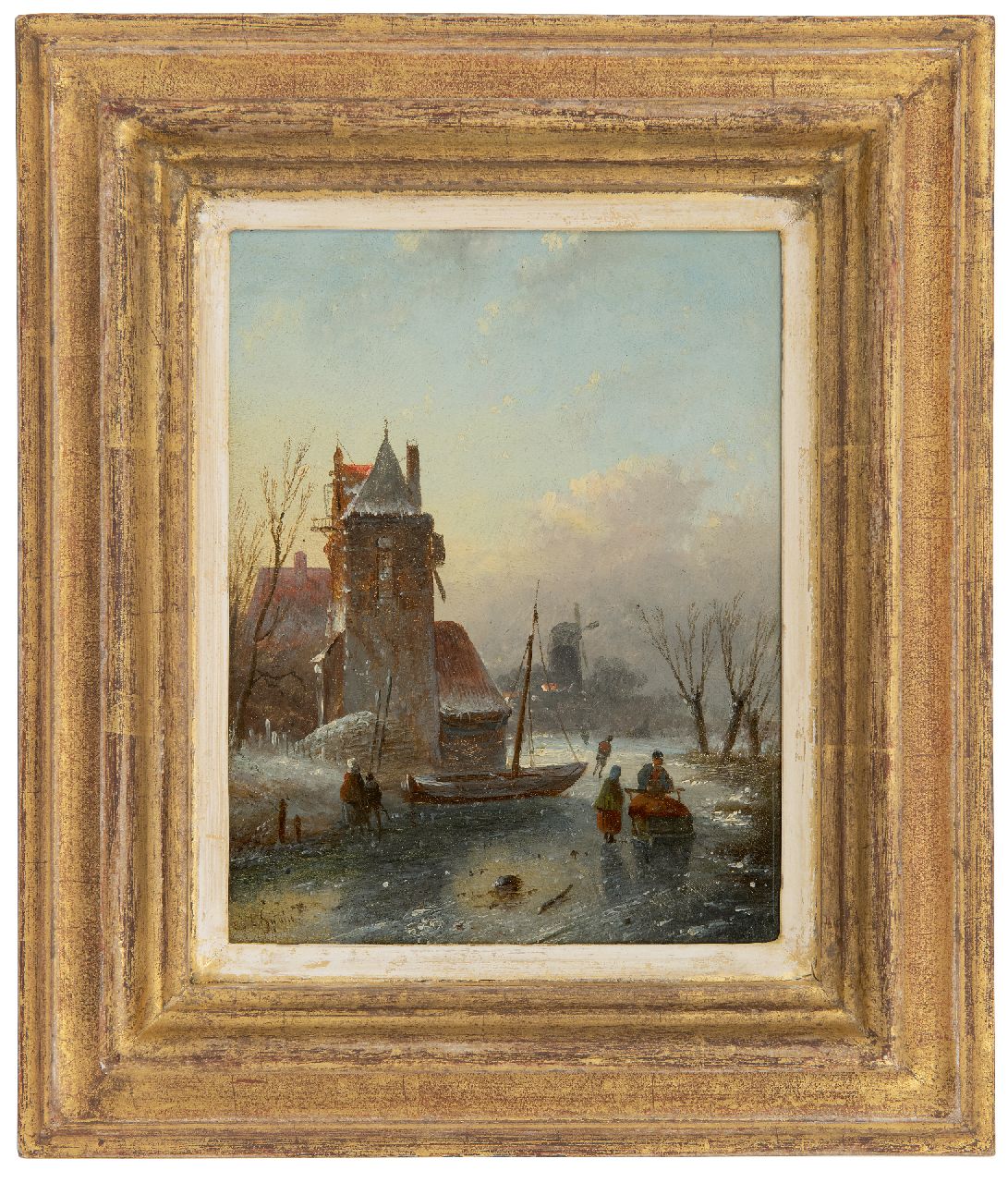 Spohler J.J.C.  | Jacob Jan Coenraad Spohler, IJsgezicht met schaatsers, olieverf op paneel 18,9 x 14,6 cm, gesigneerd linksonder
