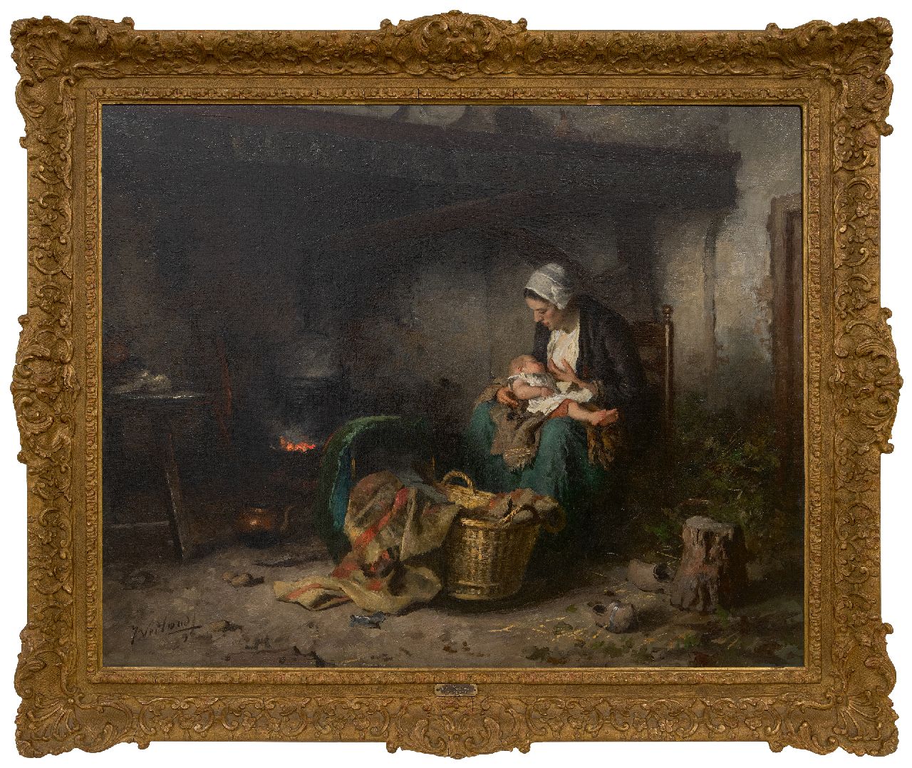Weiland J.  | Johannes Weiland | Schilderijen te koop aangeboden | Boereninterieur met moeder en kind, olieverf op doek 65,3 x 81,2 cm, gesigneerd linksonder en gedateerd '96