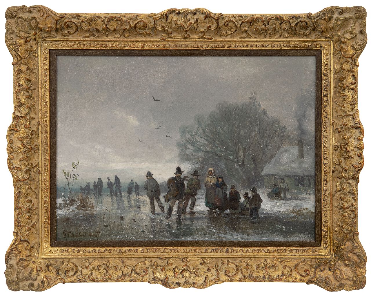 Stademann A.  | Adolf Stademann | Schilderijen te koop aangeboden | IJspret op bevroren waterpartij, olieverf op doek op paneel 33,5 x 46,2 cm, gesigneerd linksonder