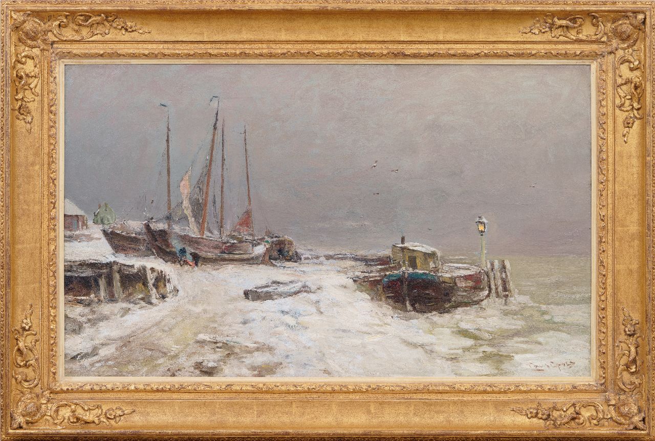 Apol L.F.H.  | Lodewijk Franciscus Hendrik 'Louis' Apol, Winterlandschap met besneeuwde botters, olieverf op doek 60,3 x 103,0 cm, gesigneerd rechtsonder