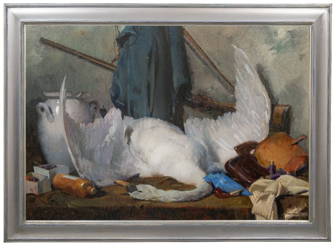 Hem P. van der | Pieter 'Piet' van der Hem | Schilderijen te koop aangeboden | Jachtstilleven met zwaan, olieverf op doek 88,4 x 122,8 cm, gesigneerd rechtsonder Hem P. van der | Pieter 'Piet' van der Hem | Schilderijen te koop aangeboden | Jachtstilleven met zwaan, olieverf op doek 88,4 x 122,8 cm, gesigneerd rechtsonder