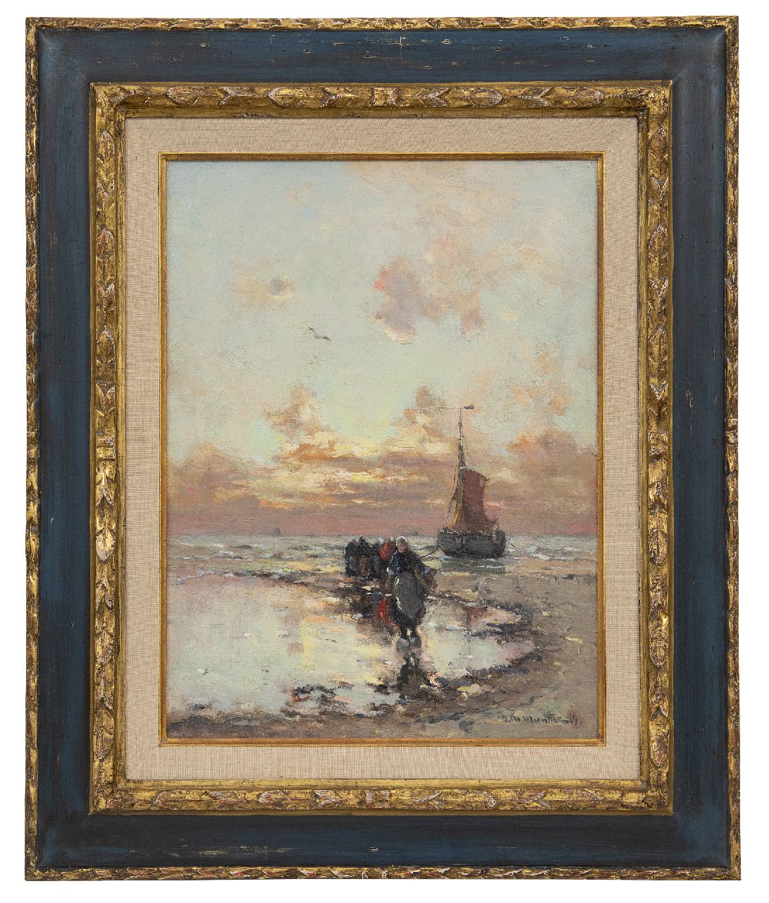 Munthe G.A.L.  | Gerhard Arij Ludwig 'Morgenstjerne' Munthe, Strandgezicht met vissers en bomschuit bij avondschemer, olieverf op doek 40,3 x 30,0 cm, gesigneerd rechtsonder en gedateerd '19