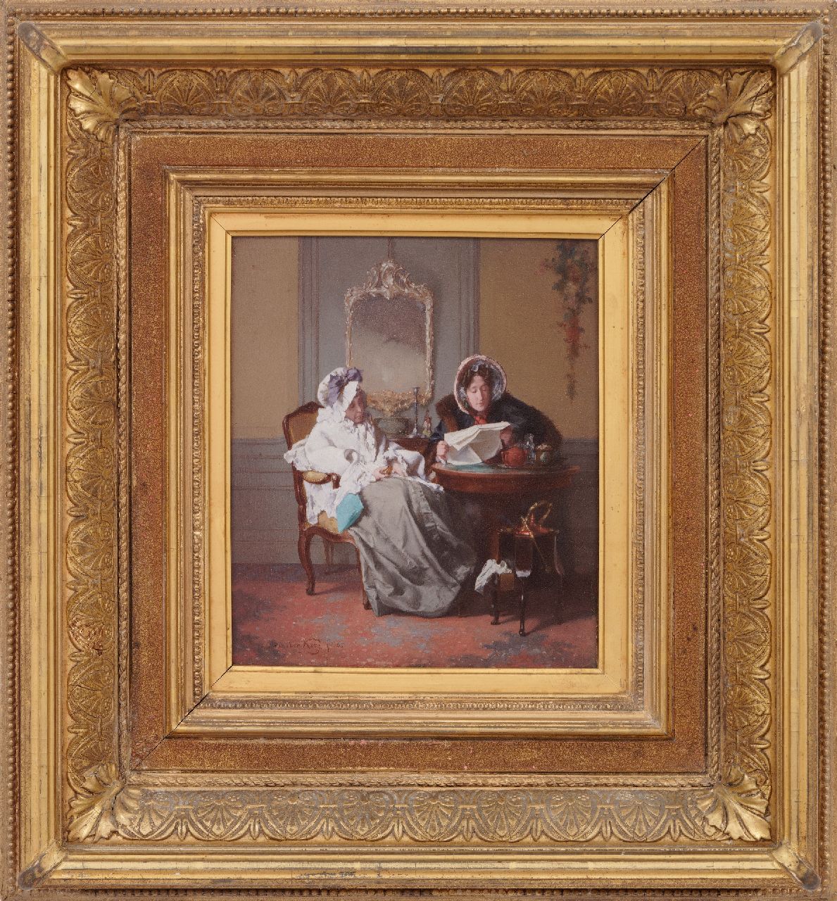 Bakker Korff A.H. | Alexander Hugo Bakker Korff, Het voorlezen van de krant, olieverf op paneel 23,1 x 17,8 cm, gesigneerd linksonder en gedateerd '65 Bakker Korff A.H. | Alexander Hugo Bakker Korff, Het voorlezen van de krant, olieverf op paneel 23,1 x 17,8 cm, gesigneerd linksonder en gedateerd '65