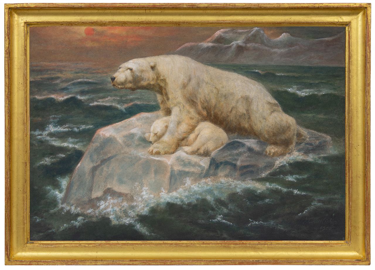 Nettleship J.T. | John Trivett Nettleship, IJsbeer met jong op ijsschots bij zonsondergang, gouache op papier 47,2 x 69,9 cm, gesigneerd rechtsonder en gedateerd 1900 Nettleship J.T. | John Trivett Nettleship, IJsbeer met jong op ijsschots bij zonsondergang, gouache op papier 47,2 x 69,9 cm, gesigneerd rechtsonder en gedateerd 1900