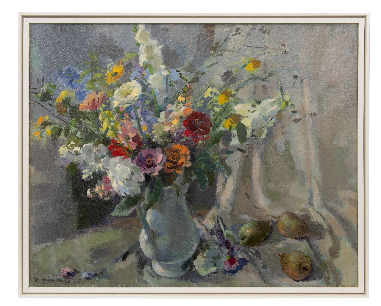 Mühlhaus D.  | Daniël 'Daan' Mühlhaus | Schilderijen te koop aangeboden | Stilleven met zomerboeket en peren, olieverf op doek 80,5 x 100,5 cm, gesigneerd linksonder