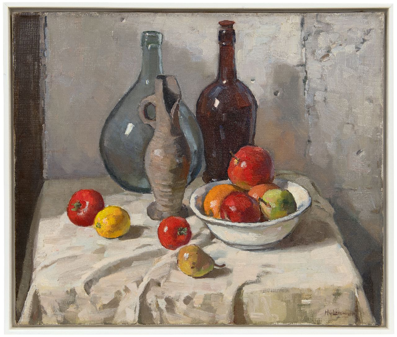Leeuwen H. van | Hendrik 'Henk' van Leeuwen, Stilleven met flessen en fruit, olieverf op doek 50,1 x 60,2 cm, gesigneerd rechtsonder Leeuwen H. van | Hendrik 'Henk' van Leeuwen, Stilleven met flessen en fruit, olieverf op doek 50,1 x 60,2 cm, gesigneerd rechtsonder