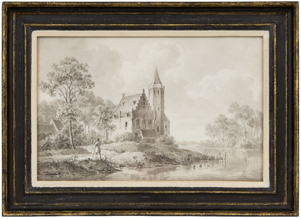 Koekkoek B.C. | Barend Cornelis Koekkoek, Reizigers bij een kasteel op de rivieroever, gewassen inkt op papier 18,0 x 27,5 cm Koekkoek B.C. | Barend Cornelis Koekkoek, Reizigers bij een kasteel op de rivieroever, gewassen inkt op papier 18,0 x 27,5 cm