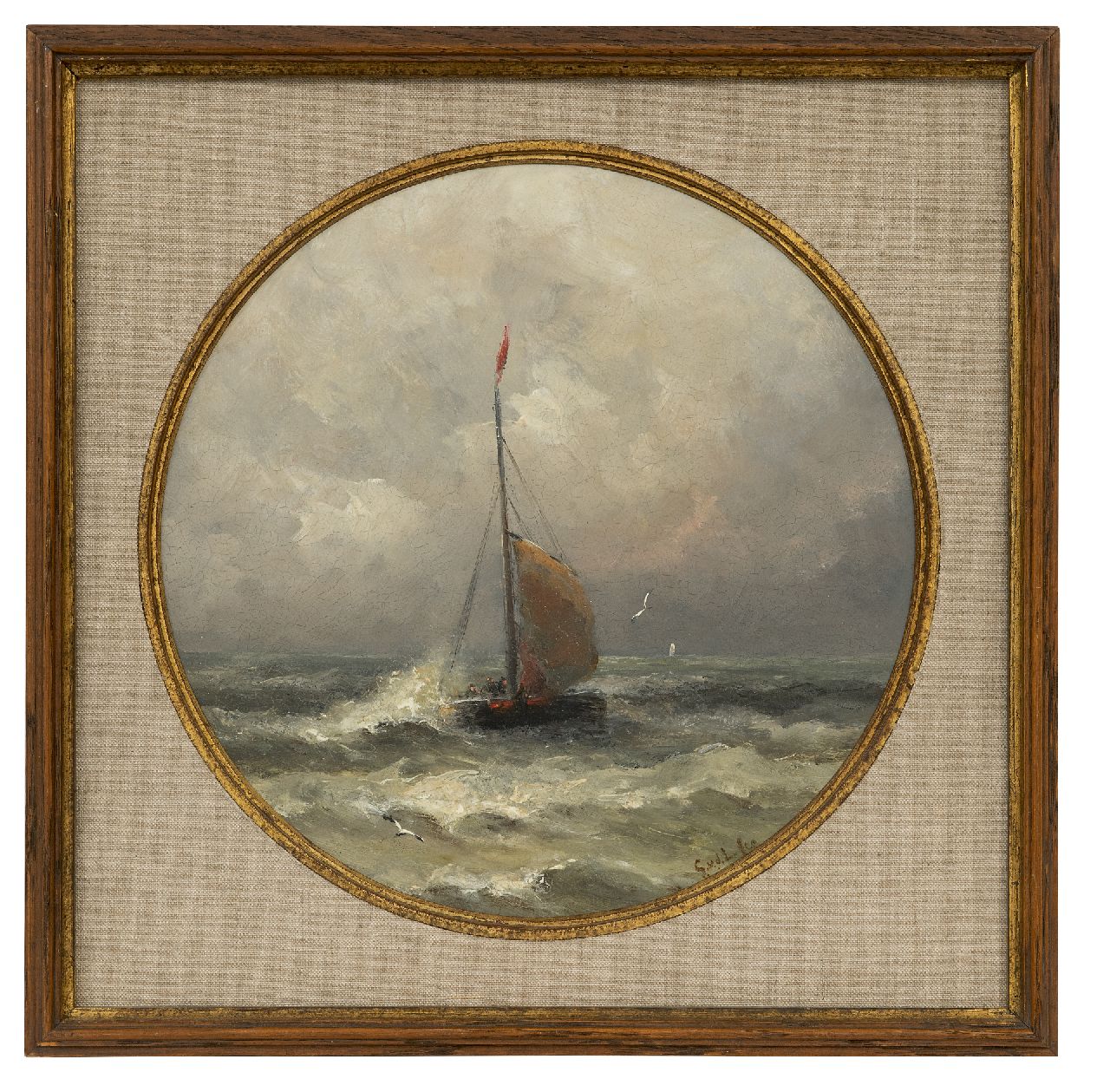 Laan G. van der | Gerard van der Laan | Schilderijen te koop aangeboden | Aankomende bomschuit, olieverf op porselein 28,3 x 28,3 cm, gesigneerd rechtsonder met initialen Laan G. van der | Gerard van der Laan | Schilderijen te koop aangeboden | Aankomende bomschuit, olieverf op porselein 28,3 x 28,3 cm, gesigneerd rechtsonder met initialen