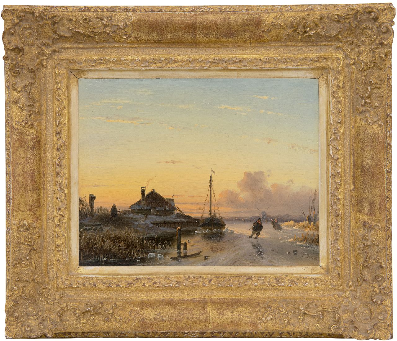 Leickert C.H.J.  | 'Charles' Henri Joseph Leickert, Schaatsers op het ijs bij ondergaande zon  i.o., olieverf op paneel 17,0 x 21,0 cm, gesigneerd rechtsonder en te dateren ca. 1846-50