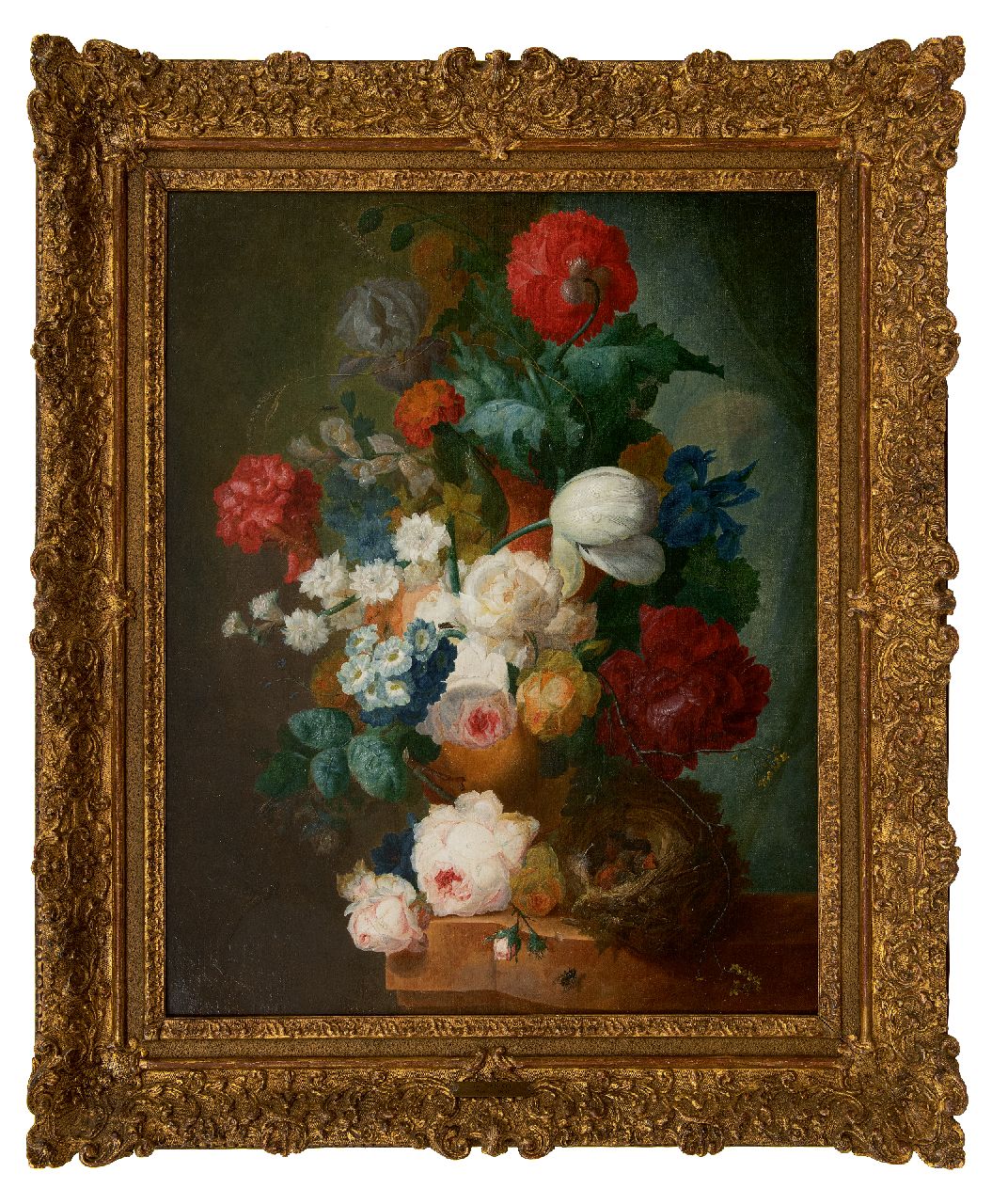 Os J. van | Jan van Os | Schilderijen te koop aangeboden | Stilleven met rozen, papavers en vogelnestje, olieverf op doek 66,3 x 55,0 cm, gesigneerd rechtsonder (draagt sleetse signatuur) en ca. 1765 Os J. van | Jan van Os | Schilderijen te koop aangeboden | Stilleven met rozen, papavers en vogelnestje, olieverf op doek 66,3 x 55,0 cm, gesigneerd rechtsonder (draagt sleetse signatuur) en ca. 1765