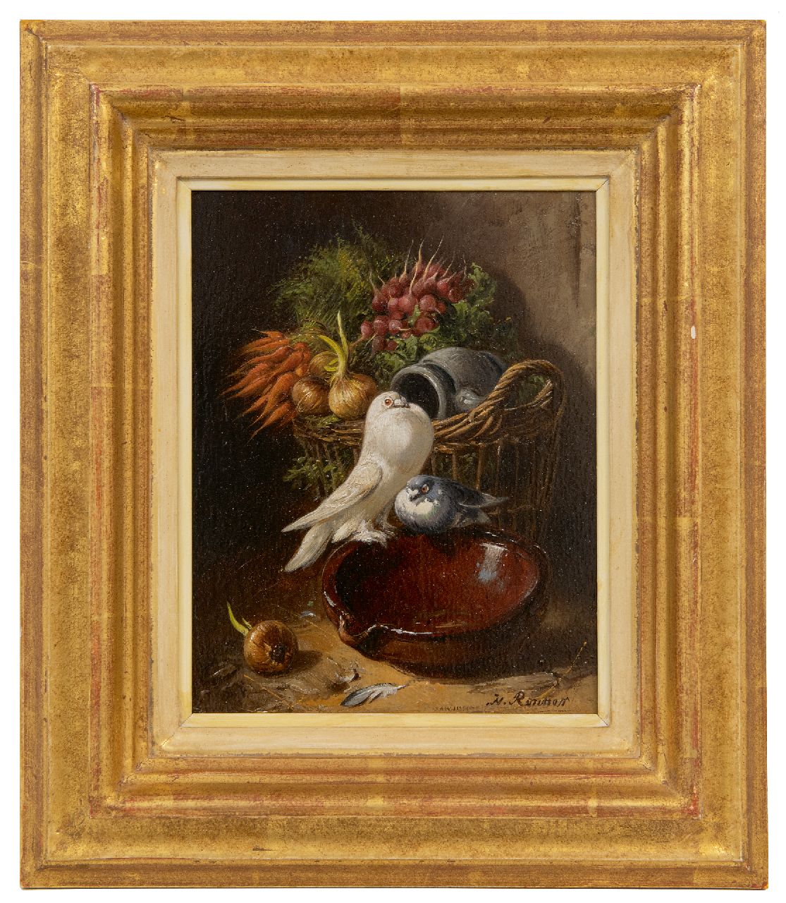 Ronner-Knip H.  | Henriette Ronner-Knip, Sierduiven bij een mand met groente, olieverf op paneel 18,9 x 15,5 cm, gesigneerd rechtsonder