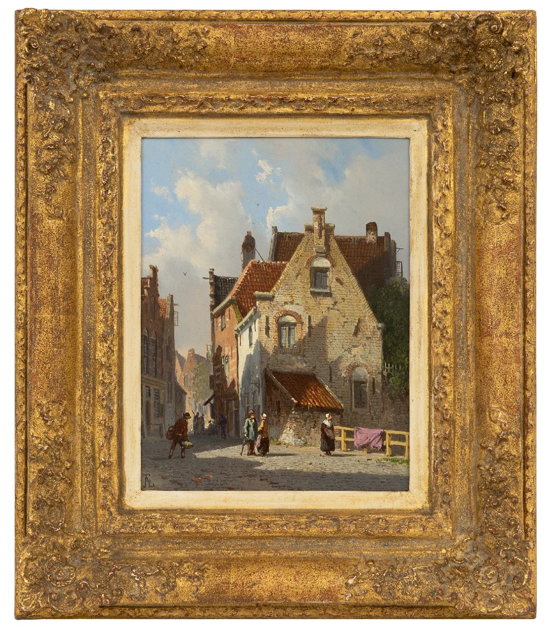 Eversen A. | Adrianus Eversen | Schilderijen te koop aangeboden | Zonnig straatje met figuren (pendant van winter 18901), olieverf op paneel 19,1 x 14,5 cm, gesigneerd linksonder met monogram Eversen A. | Adrianus Eversen | Schilderijen te koop aangeboden | Zonnig straatje met figuren (pendant van winter 18901), olieverf op paneel 19,1 x 14,5 cm, gesigneerd linksonder met monogram