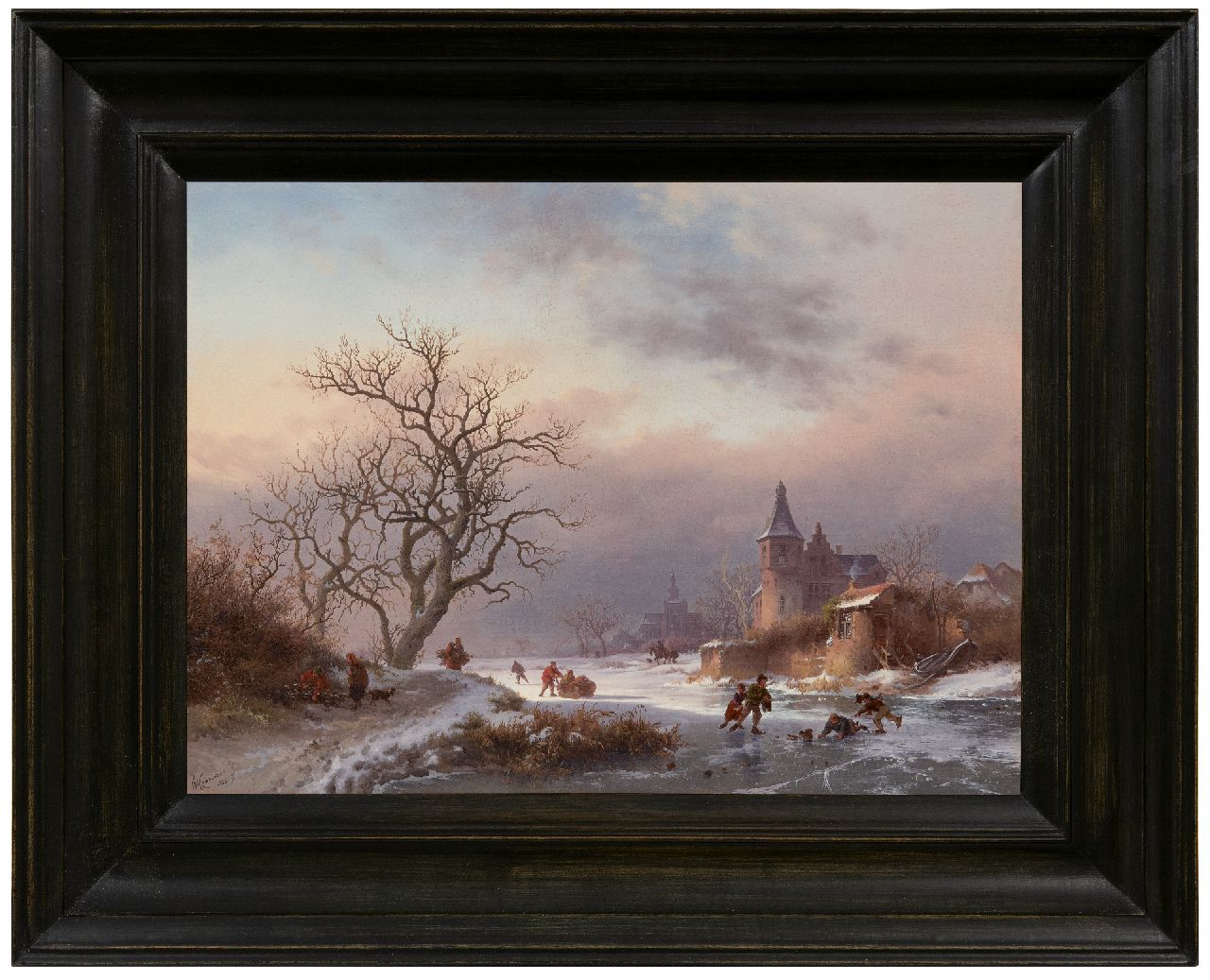 Kruseman F.M.  | Frederik Marinus Kruseman, Winterlandschap met schaatsers op een bevroren rivier, olieverf op paneel 29,0 x 39,0 cm, gesigneerd linksonder en gedateerd 1855