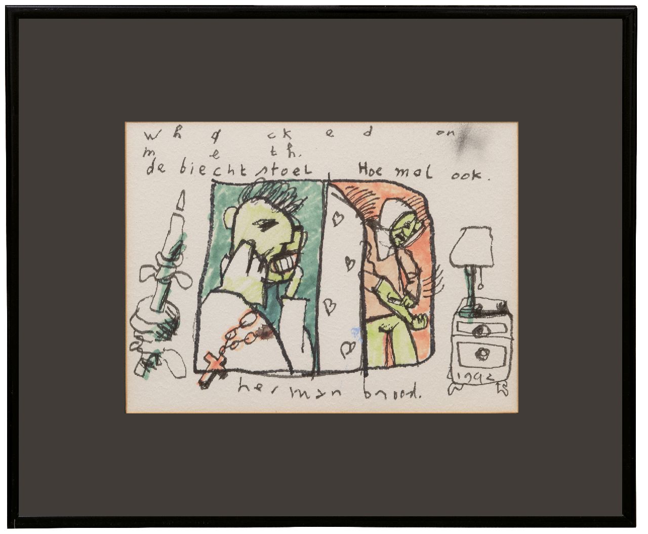 Brood H.  | Herman Brood | Aquarellen en tekeningen te koop aangeboden | De biechtstoel, viltstift op papier 29,0 x 38,8 cm, gesigneerd middenonder en gedateerd 1992