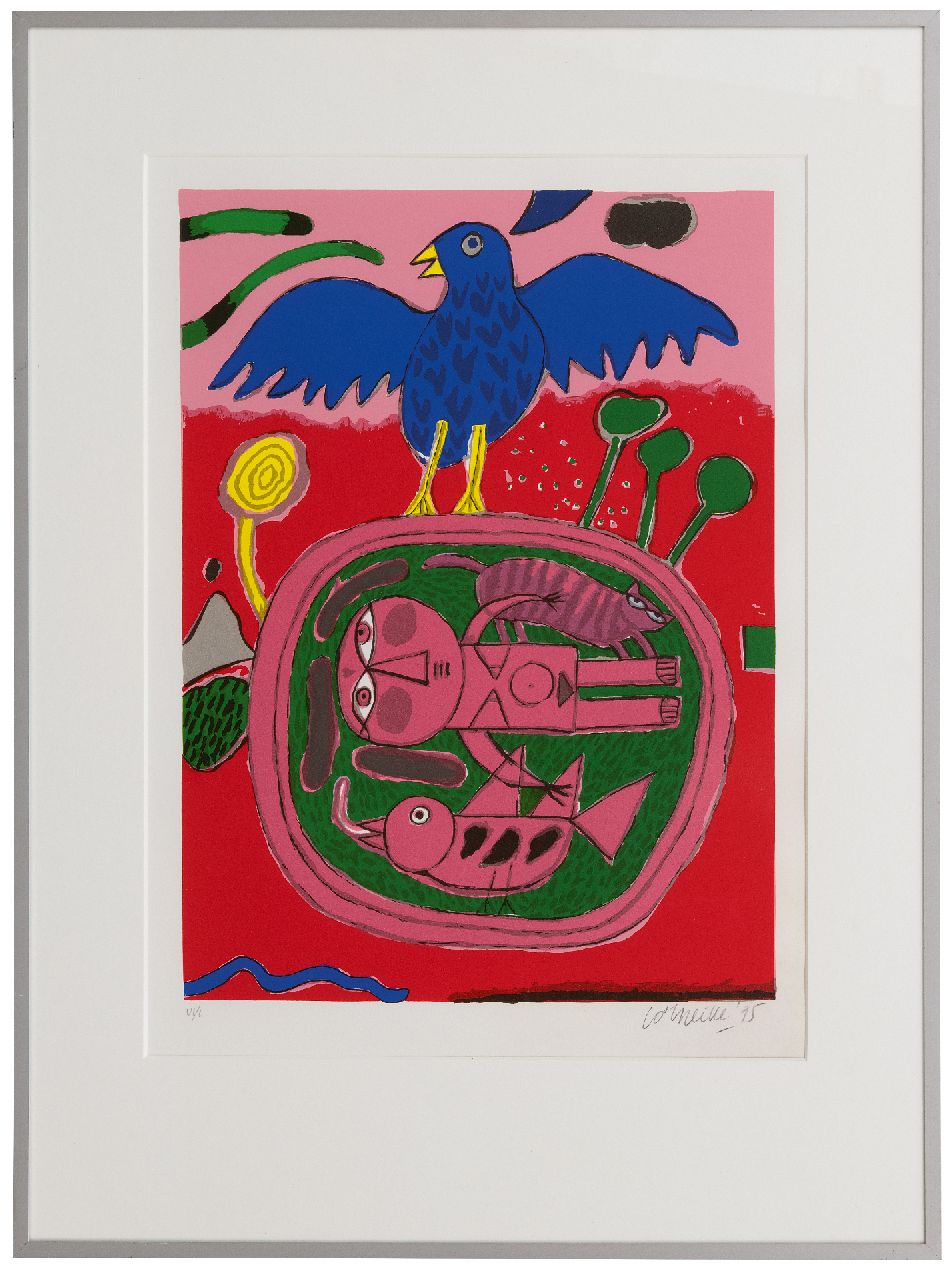 Corneille ('Corneille' Guillaume Beverloo)   | Corneille ('Corneille' Guillaume Beverloo) | Grafiek te koop aangeboden | Vrouw, kat en vogels, litho op papier 45,0 x 33,0 cm, gesigneerd rechtsonder (in potlood) en gedateerd '95 (in potlood)
