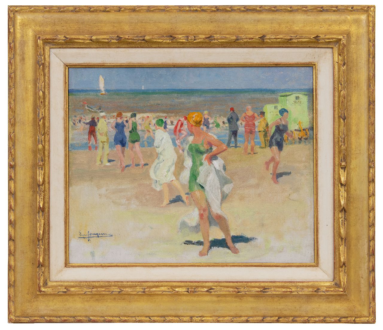 Jacques E. | Emile Jacques, Strandgezicht met badgasten, olieverf op doek 34,1 x 41,3 cm, gesigneerd linksonder Jacques E. | Emile Jacques, Strandgezicht met badgasten, olieverf op doek 34,1 x 41,3 cm, gesigneerd linksonder