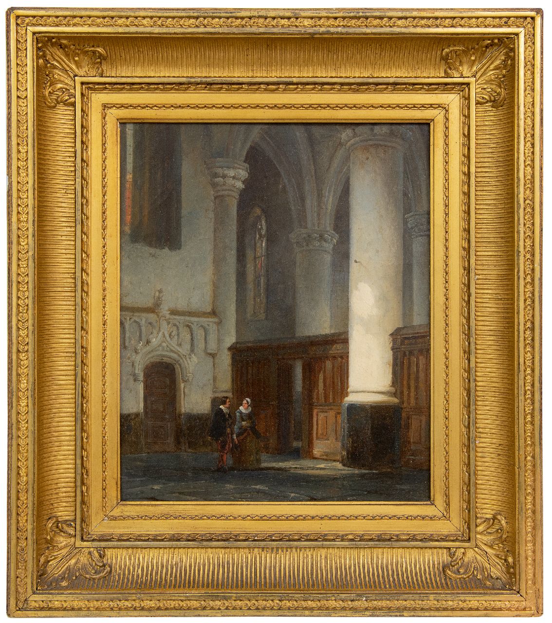 Springer C. | Cornelis Springer | Schilderijen te koop aangeboden | Man en vrouw in een kerkinterieur, olieverf op doek 32,9 x 27,3 cm, gesigneerd linksonder met monogram en gedateerd '44 Springer C. | Cornelis Springer | Schilderijen te koop aangeboden | Man en vrouw in een kerkinterieur, olieverf op doek 32,9 x 27,3 cm, gesigneerd linksonder met monogram en gedateerd '44
