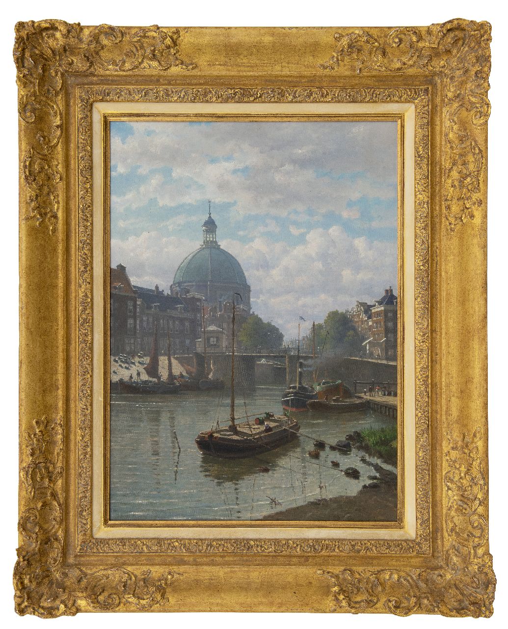 Greive J.C. | Johan Conrad 'Coen' Greive | Schilderijen te koop aangeboden | Afgemeerde werkschepen voor de Amsterdamse Haarlemmersluis bij de Ronde Lutherse Kerk, olieverf op doek 57,9 x 42,4 cm, gesigneerd rechtsonder en gedateerd 1890 Greive J.C. | Johan Conrad 'Coen' Greive | Schilderijen te koop aangeboden | Afgemeerde werkschepen voor de Amsterdamse Haarlemmersluis bij de Ronde Lutherse Kerk, olieverf op doek 57,9 x 42,4 cm, gesigneerd rechtsonder en gedateerd 1890