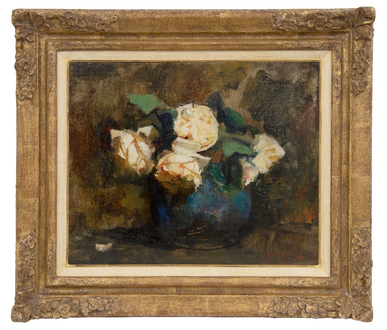 Arntzenius P.F.N.J.  | Pieter Florentius Nicolaas Jacobus 'Floris' Arntzenius, Witte rozen in een gemberpot, olieverf op doek op paneel 30,8 x 38,0 cm, gesigneerd rechtsonder