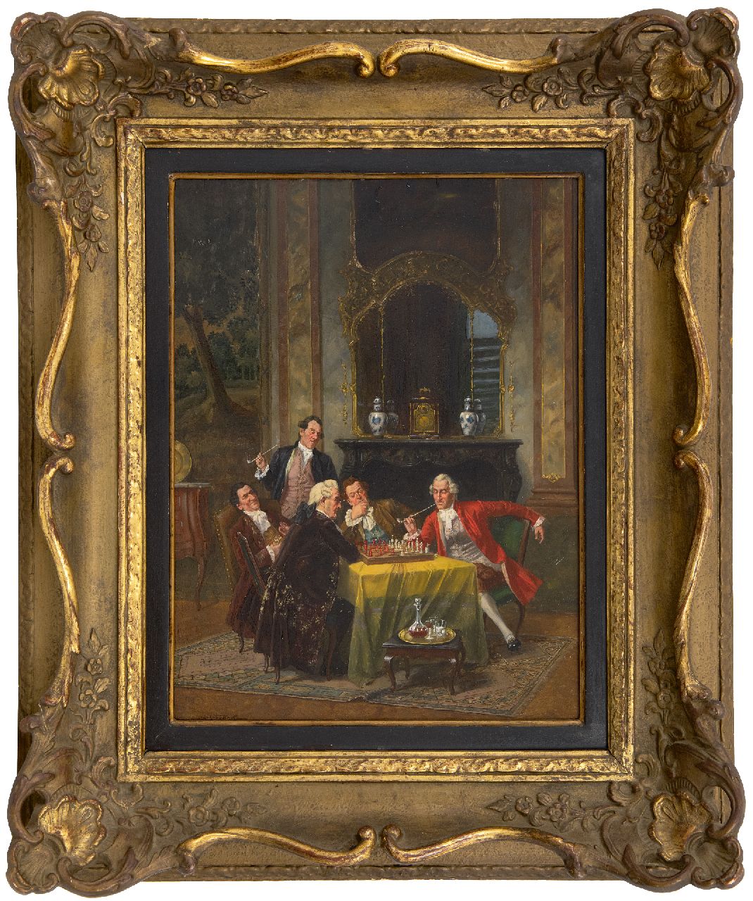 Franke A.J. | Albert Joseph Franke | Schilderijen te koop aangeboden | Een spannende schaakpartij, olieverf op paneel 40,1 x 29,6 cm, gesigneerd linksonder Franke A.J. | Albert Joseph Franke | Schilderijen te koop aangeboden | Een spannende schaakpartij, olieverf op paneel 40,1 x 29,6 cm, gesigneerd linksonder