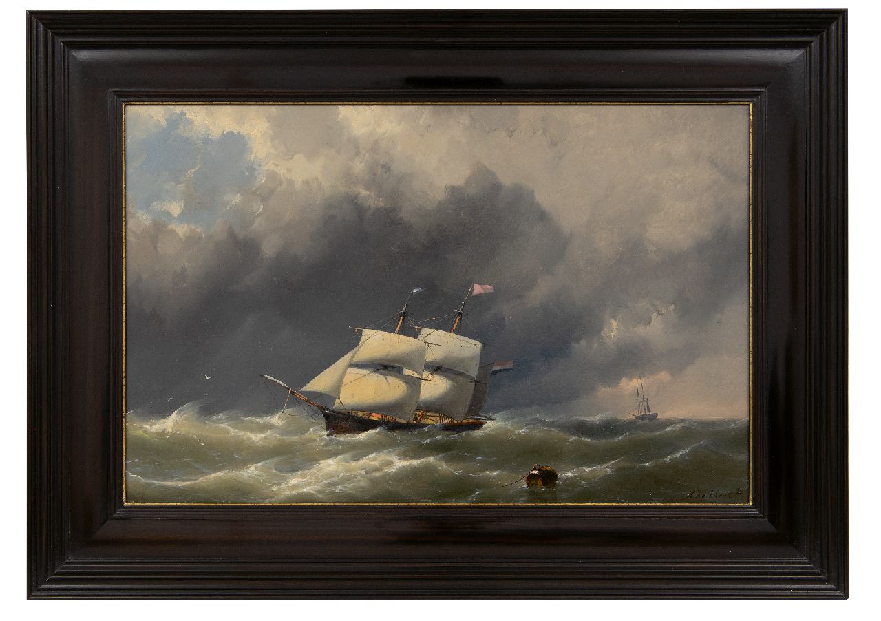 Koekkoek jr. H. | Hermanus Koekkoek jr. | Schilderijen te koop aangeboden | Brik voor de kust bij zwaar weer, olieverf op paneel 28,1 x 44,1 cm, gesigneerd rechtsonder Koekkoek jr. H. | Hermanus Koekkoek jr. | Schilderijen te koop aangeboden | Brik voor de kust bij zwaar weer, olieverf op paneel 28,1 x 44,1 cm, gesigneerd rechtsonder