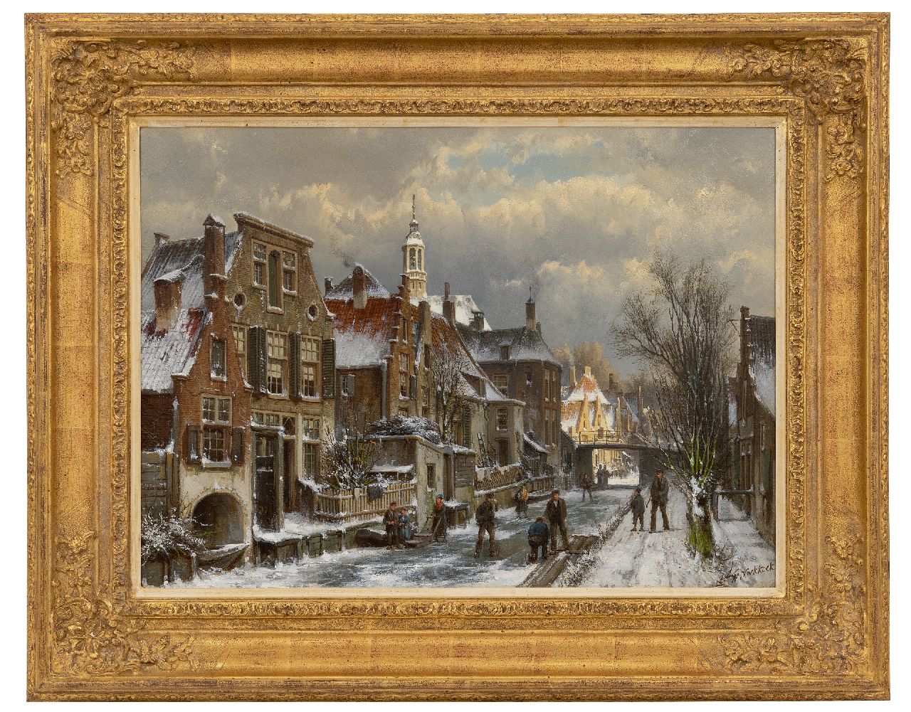Koekkoek W. | Willem Koekkoek, Winters stadsgezicht met schaatsers, olieverf op doek 44,5 x 60,5 cm, gesigneerd rechtsonder Koekkoek W. | Willem Koekkoek, Winters stadsgezicht met schaatsers, olieverf op doek 44,5 x 60,5 cm, gesigneerd rechtsonder