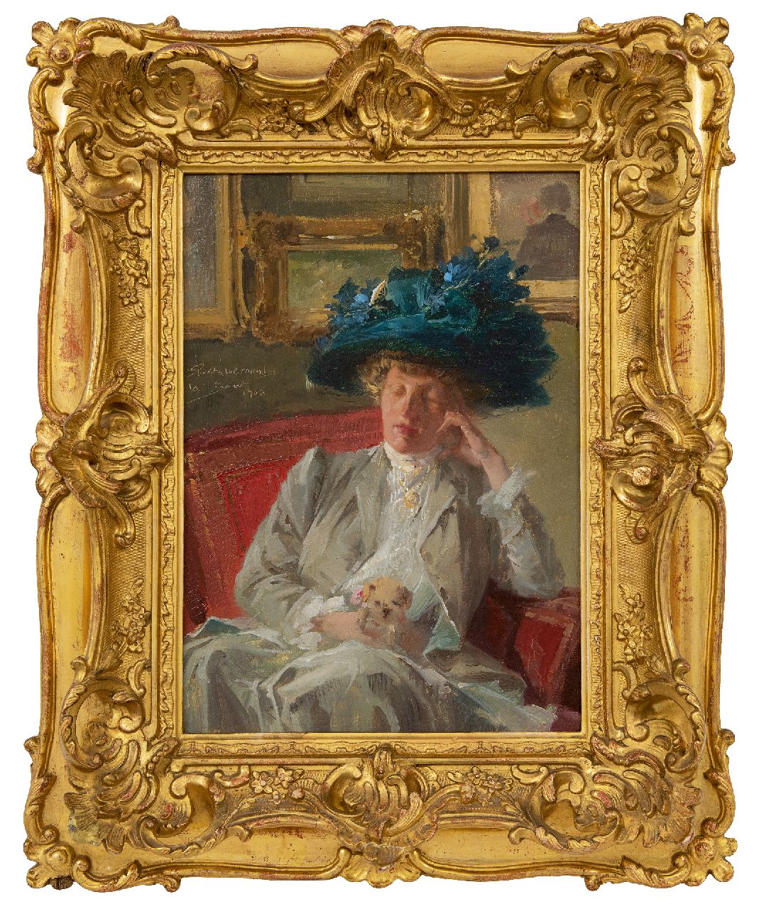 Livemont H.P.A.T. | Henri 'Privat' Antoine Théodore Livemont, Op de tentoonstelling: vrouw met blauwe hoed en schoothondje, olieverf op board 33,1 x 24,0 cm, gesigneerd links van het midden en gedateerd 'le 1 Aout' 1908 Livemont H.P.A.T. | Henri 'Privat' Antoine Théodore Livemont, Op de tentoonstelling: vrouw met blauwe hoed en schoothondje, olieverf op board 33,1 x 24,0 cm, gesigneerd links van het midden en gedateerd 'le 1 Aout' 1908