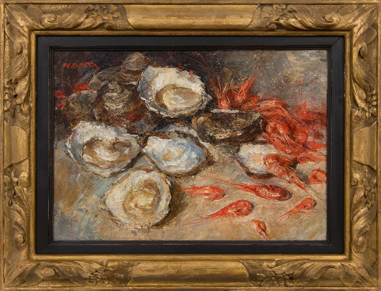 Navez A. | Arthur Navez, Stilleven van oesters en garnalen, olieverf op doek 35,0 x 50,2 cm, gesigneerd linksboven Navez A. | Arthur Navez, Stilleven van oesters en garnalen, olieverf op doek 35,0 x 50,2 cm, gesigneerd linksboven