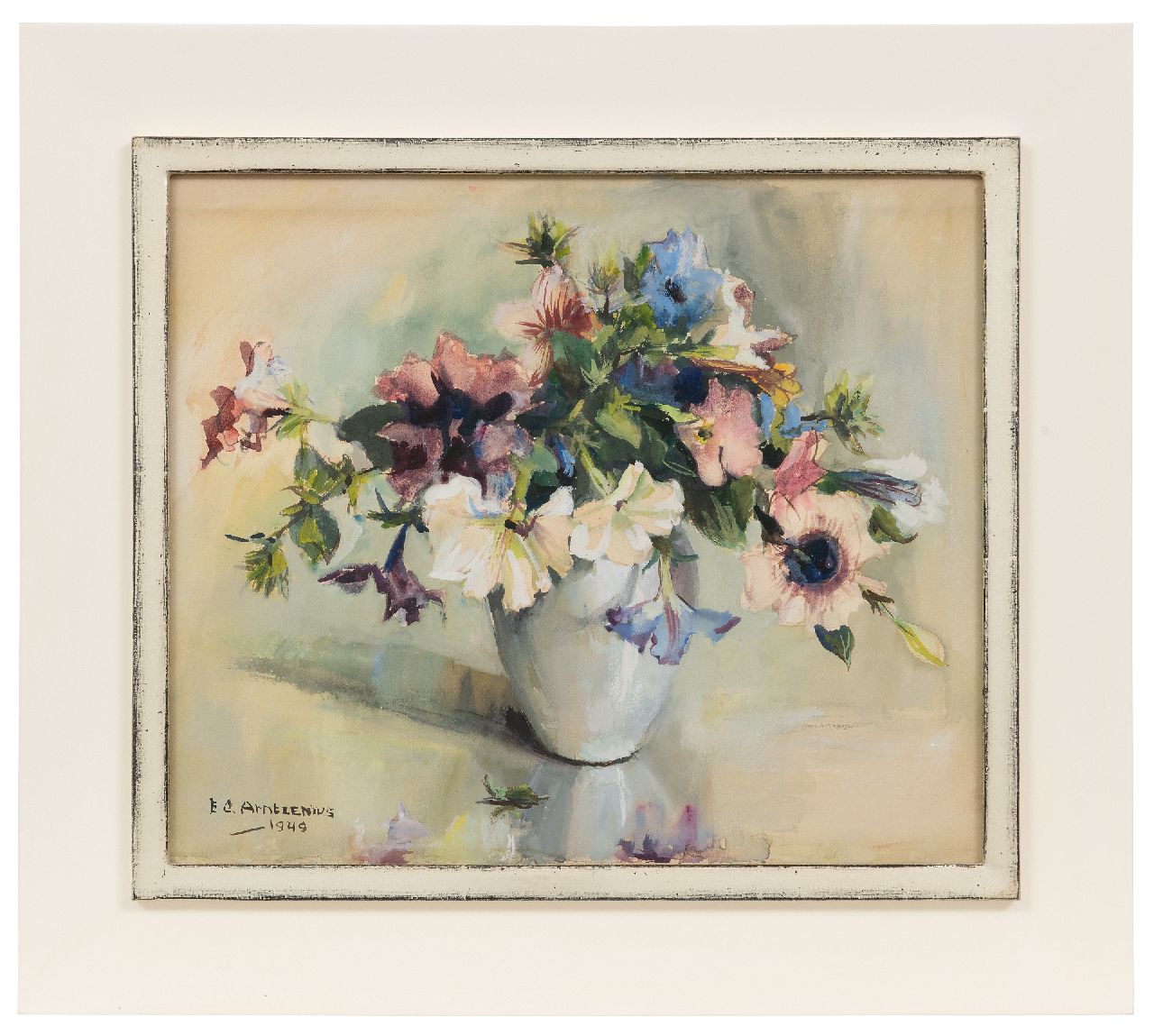 Arntzenius E.C. | Elise Claudine Arntzenius | Aquarellen en tekeningen te koop aangeboden | Boeket in witte vaas, aquarel op papier 36,6 x 43,0 cm, gesigneerd linksonder en gedateerd 1949 Arntzenius E.C. | Elise Claudine Arntzenius | Aquarellen en tekeningen te koop aangeboden | Boeket in witte vaas, aquarel op papier 36,6 x 43,0 cm, gesigneerd linksonder en gedateerd 1949