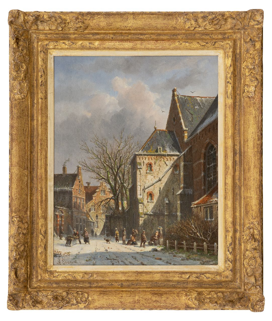 Eversen A.  | Adrianus Eversen | Schilderijen te koop aangeboden | Besneeuwd gezicht achter de Westerkerk in Enkhuizen  (verkoop alleen samen met zomers pendant, tezamen), olieverf op paneel 35,7 x 27,6 cm, gesigneerd linksonder