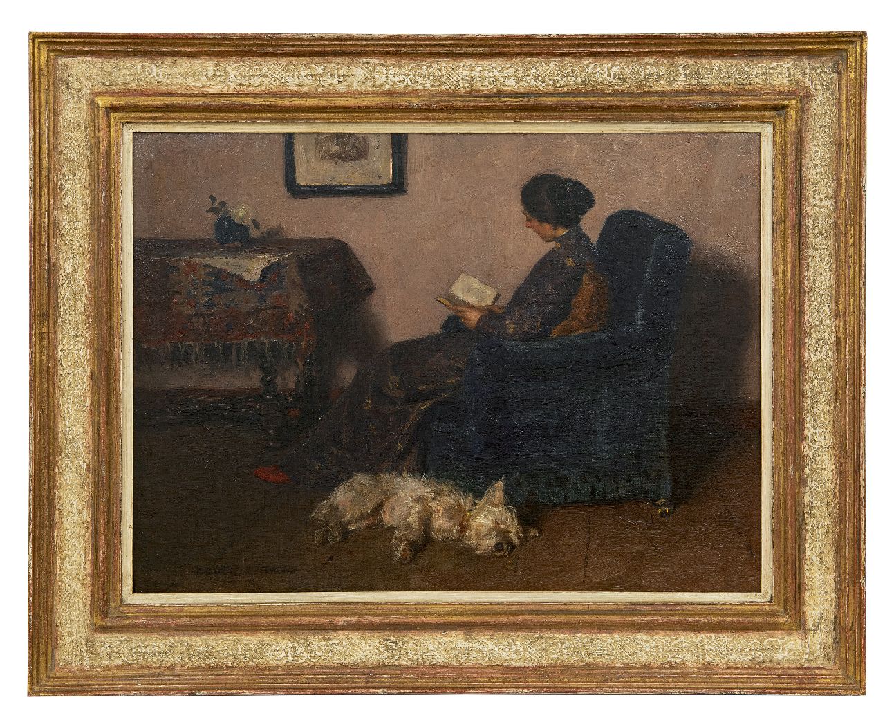 Zoetelief Tromp J. | Johannes 'Jan' Zoetelief Tromp, De vrouw van de schilder, lezend, met hun hond Billie, olieverf op doek 41,5 x 55,5 cm, gesigneerd linksonder Zoetelief Tromp J. | Johannes 'Jan' Zoetelief Tromp, De vrouw van de schilder, lezend, met hun hond Billie, olieverf op doek 41,5 x 55,5 cm, gesigneerd linksonder