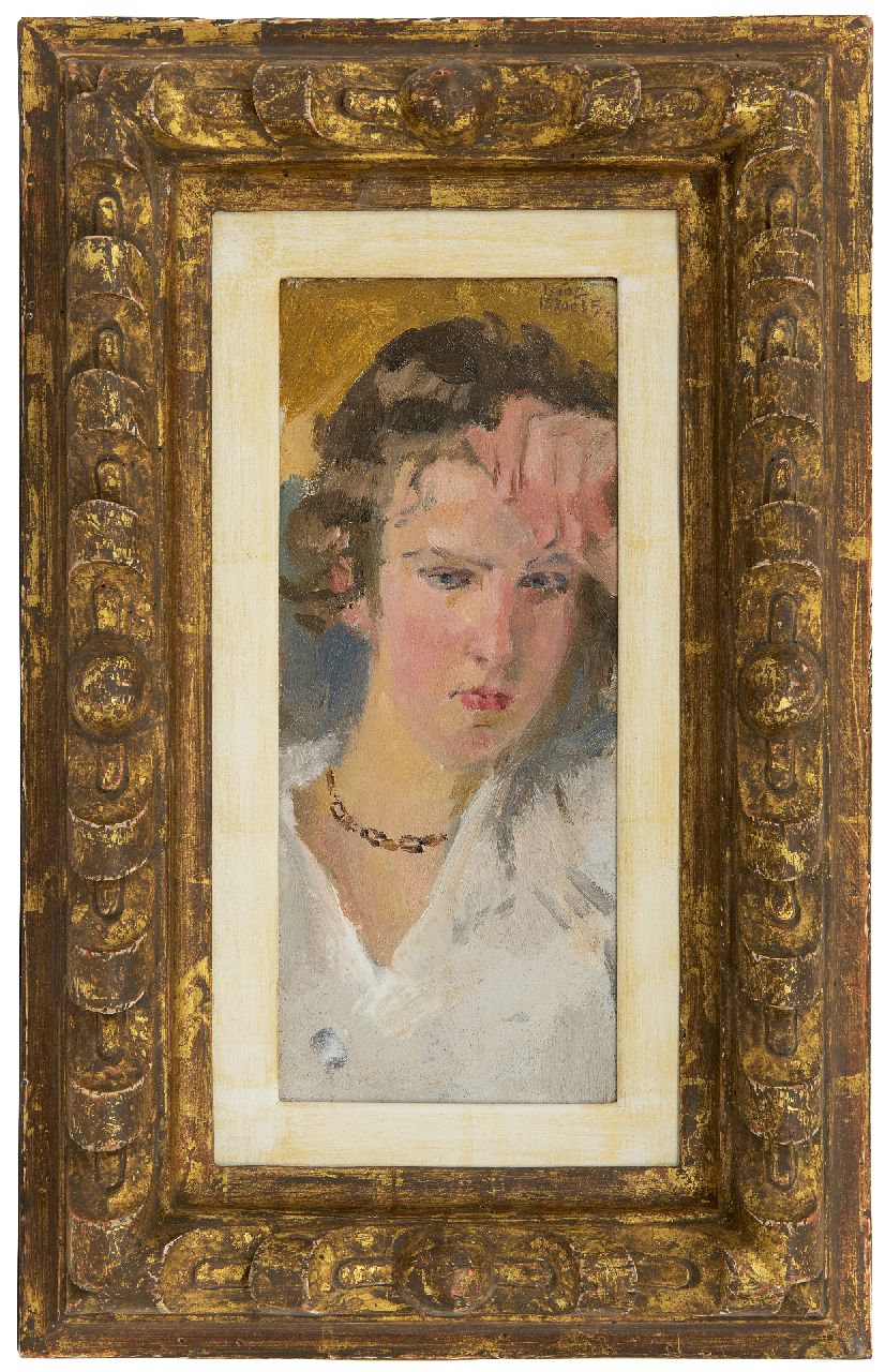 Israels I.L. | 'Isaac' Lazarus Israels, Portret van een jonge vrouw, olieverf op paneel 23,0 x 9,5 cm, gesigneerd rechtsboven en te dateren ca. 1910-1915 Israels I.L. | 'Isaac' Lazarus Israels, Portret van een jonge vrouw, olieverf op paneel 23,0 x 9,5 cm, gesigneerd rechtsboven en te dateren ca. 1910-1915