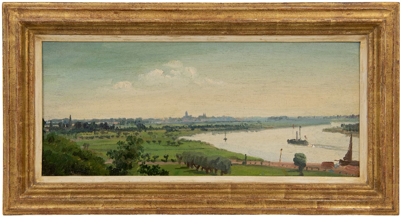 Oppenoorth W.J. | 'Willem' Johannes Oppenoorth, Zomers rivierlandschap met Deventer in de verte, olieverf op doek op paneel 21,2 x 46,1 cm, gesigneerd linksonder Oppenoorth W.J. | 'Willem' Johannes Oppenoorth, Zomers rivierlandschap met Deventer in de verte, olieverf op doek op paneel 21,2 x 46,1 cm, gesigneerd linksonder