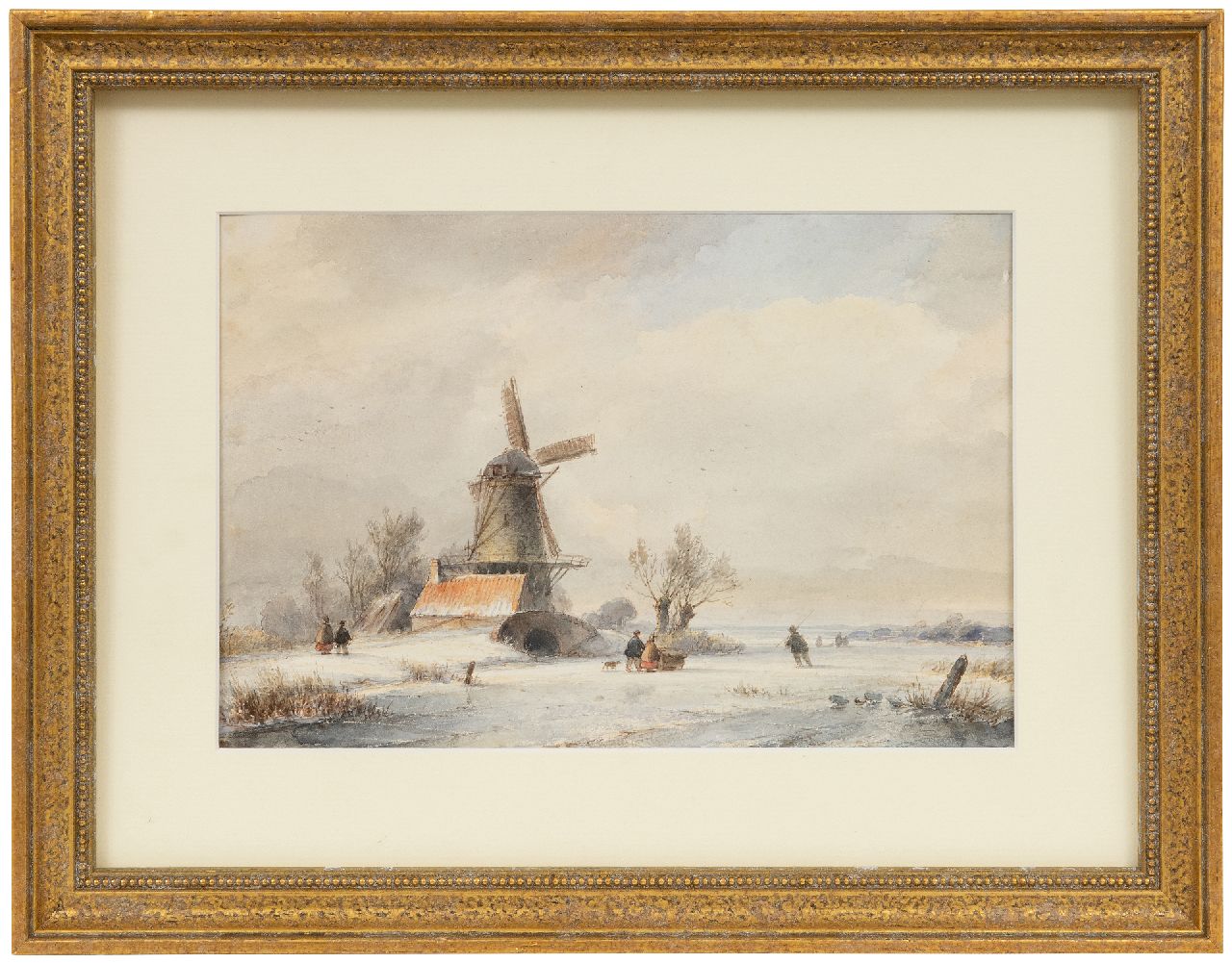 Kleijn L.J. | Lodewijk Johannes Kleijn, Sneeuwlandschap met schaatser en duwslede op het ijs, aquarel op papier 17,6 x 26,4 cm, gesigneerd verso Kleijn L.J. | Lodewijk Johannes Kleijn, Sneeuwlandschap met schaatser en duwslede op het ijs, aquarel op papier 17,6 x 26,4 cm, gesigneerd verso
