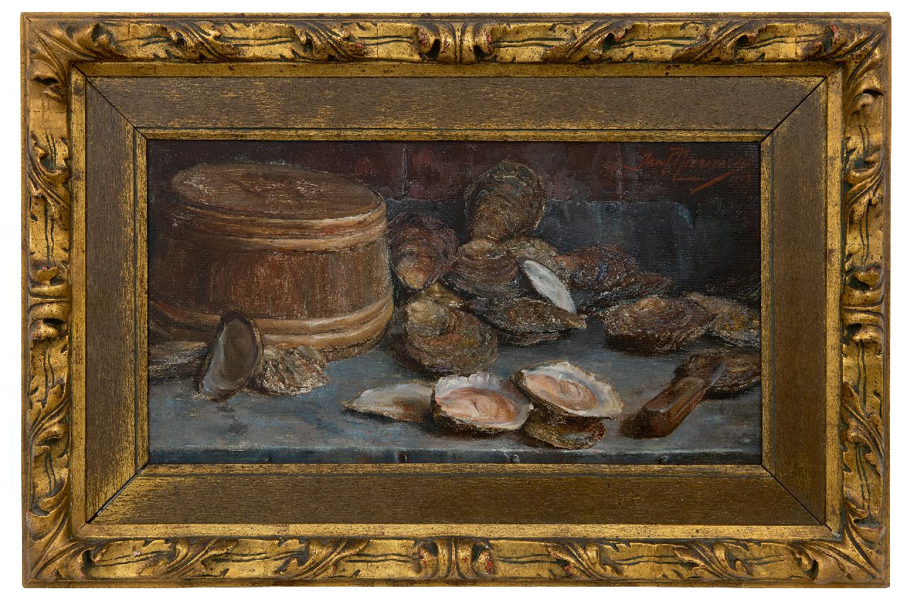 Neervoort J.C. | Johannes Cornelius 'Jan' Neervoort, Stilleven met oesters, olieverf op doek 28,3 x 53,8 cm, gesigneerd rechtsboven en gedateerd 1907 Neervoort J.C. | Johannes Cornelius 'Jan' Neervoort, Stilleven met oesters, olieverf op doek 28,3 x 53,8 cm, gesigneerd rechtsboven en gedateerd 1907
