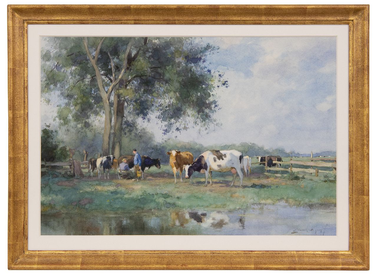 Groenewegen A.J. | Adrianus Johannes Groenewegen, In de melkbocht, aquarel op papier 34,1 x 51,2 cm, gesigneerd rechtsonder Groenewegen A.J. | Adrianus Johannes Groenewegen, In de melkbocht, aquarel op papier 34,1 x 51,2 cm, gesigneerd rechtsonder