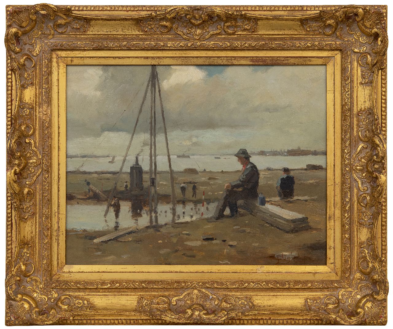 Ligtelijn E.J. | Evert Jan Ligtelijn | Schilderijen te koop aangeboden | Schafttijd bij de bouwput, olieverf op paneel 35,4 x 45,8 cm, gesigneerd rechtsonder Ligtelijn E.J. | Evert Jan Ligtelijn | Schilderijen te koop aangeboden | Schafttijd bij de bouwput, olieverf op paneel 35,4 x 45,8 cm, gesigneerd rechtsonder