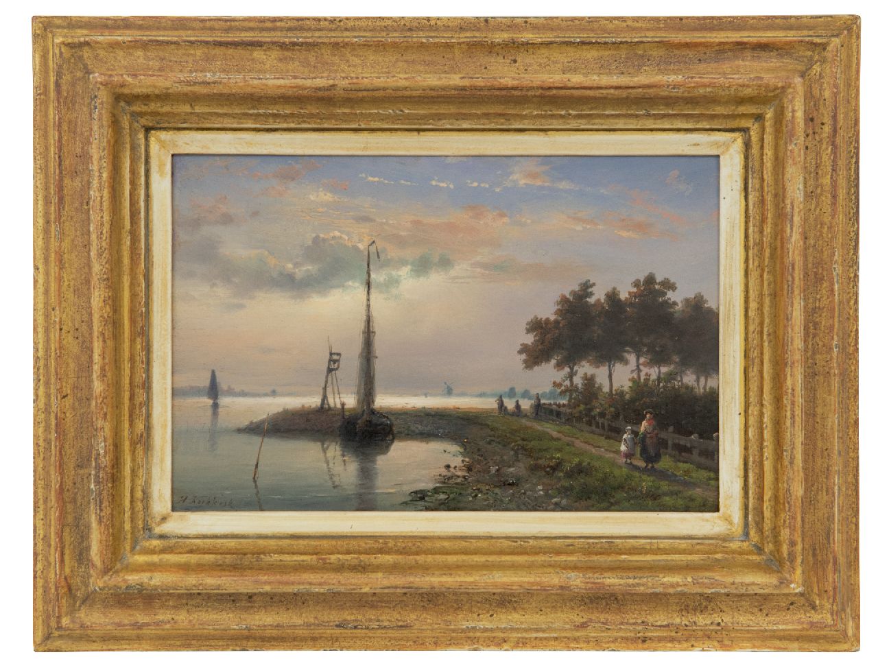 Koekkoek H.  | Hermanus Koekkoek, Afgemeerde tjalk bij golfbreker, olieverf op paneel 14,6 x 22,1 cm, gesigneerd linksonder