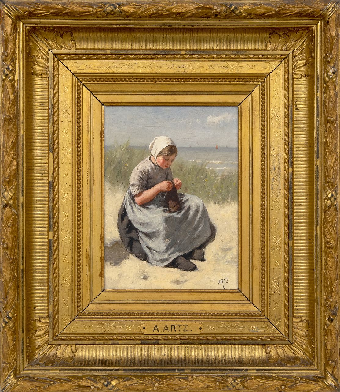 Artz D.A.C.  | David Adolphe Constant Artz, Breiend vissersmeisje in de duinen van Katwijk  (alleen tezamen met pendant), olieverf op paneel 22,5 x 16,3 cm, gesigneerd rechtsonder