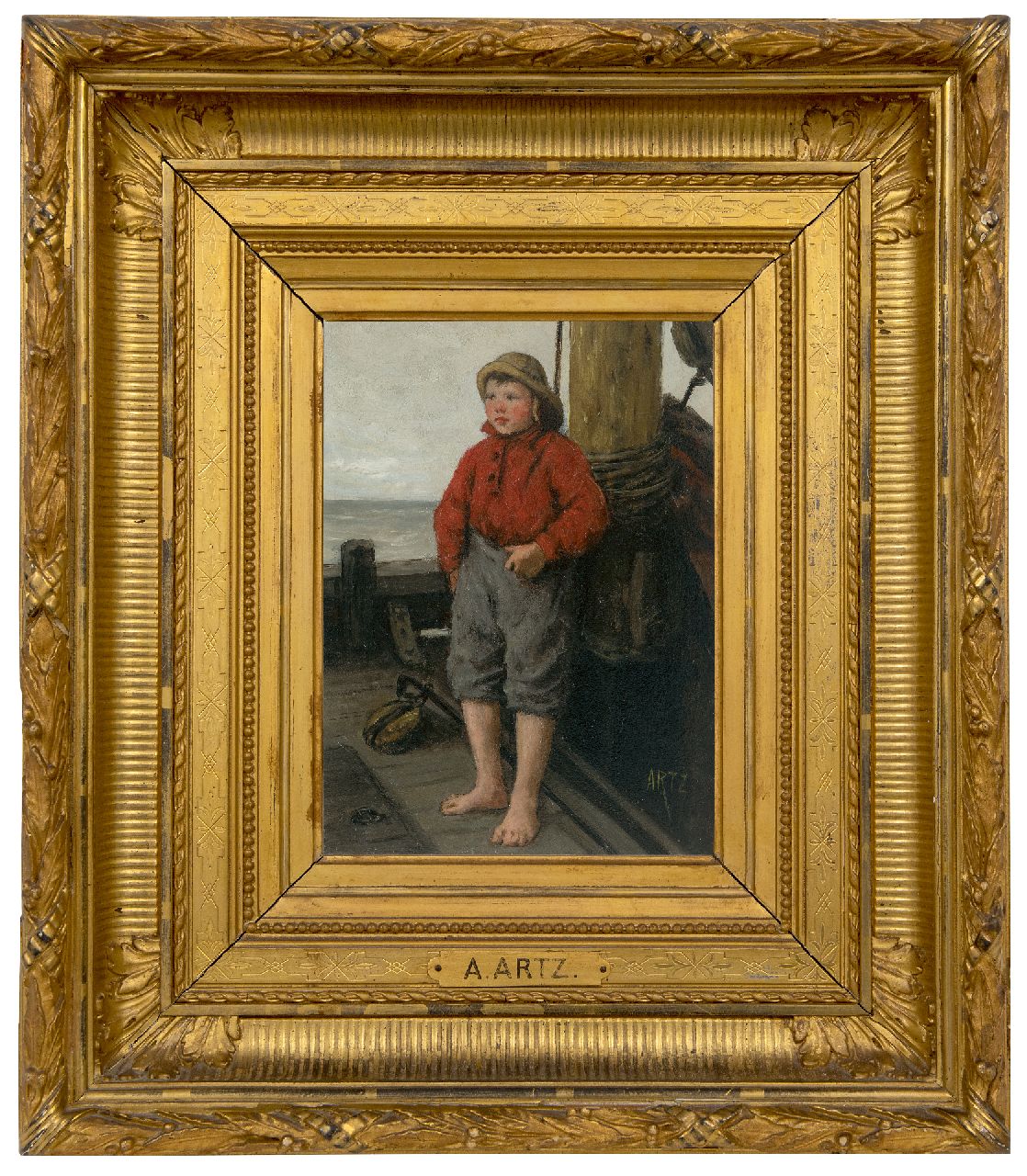 Artz D.A.C. | David Adolphe Constant Artz | Schilderijen te koop aangeboden | Katwijkse vissersjongen in roodbaaien hemd, olieverf op paneel 22,5 x 16,2 cm, gesigneerd rechtsonder Artz D.A.C. | David Adolphe Constant Artz | Schilderijen te koop aangeboden | Katwijkse vissersjongen in roodbaaien hemd, olieverf op paneel 22,5 x 16,2 cm, gesigneerd rechtsonder