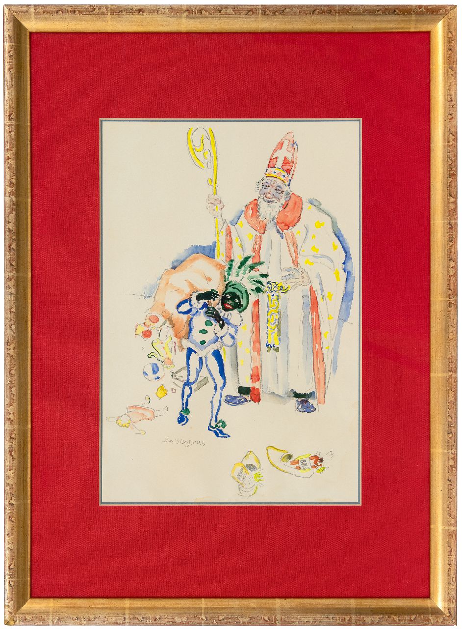 Sluijters J.C.B. | Johannes Carolus Bernardus 'Jan' Sluijters | Aquarellen en tekeningen te koop aangeboden | St. Nicolaasavond, 1946 met in de schoenen pruimtabak en Bols, aquarel op papier 47,5 x 32,2 cm, gesigneerd linksonder en te dateren 1946 Sluijters J.C.B. | Johannes Carolus Bernardus 'Jan' Sluijters | Aquarellen en tekeningen te koop aangeboden | St. Nicolaasavond, 1946 met in de schoenen pruimtabak en Bols, aquarel op papier 47,5 x 32,2 cm, gesigneerd linksonder en te dateren 1946