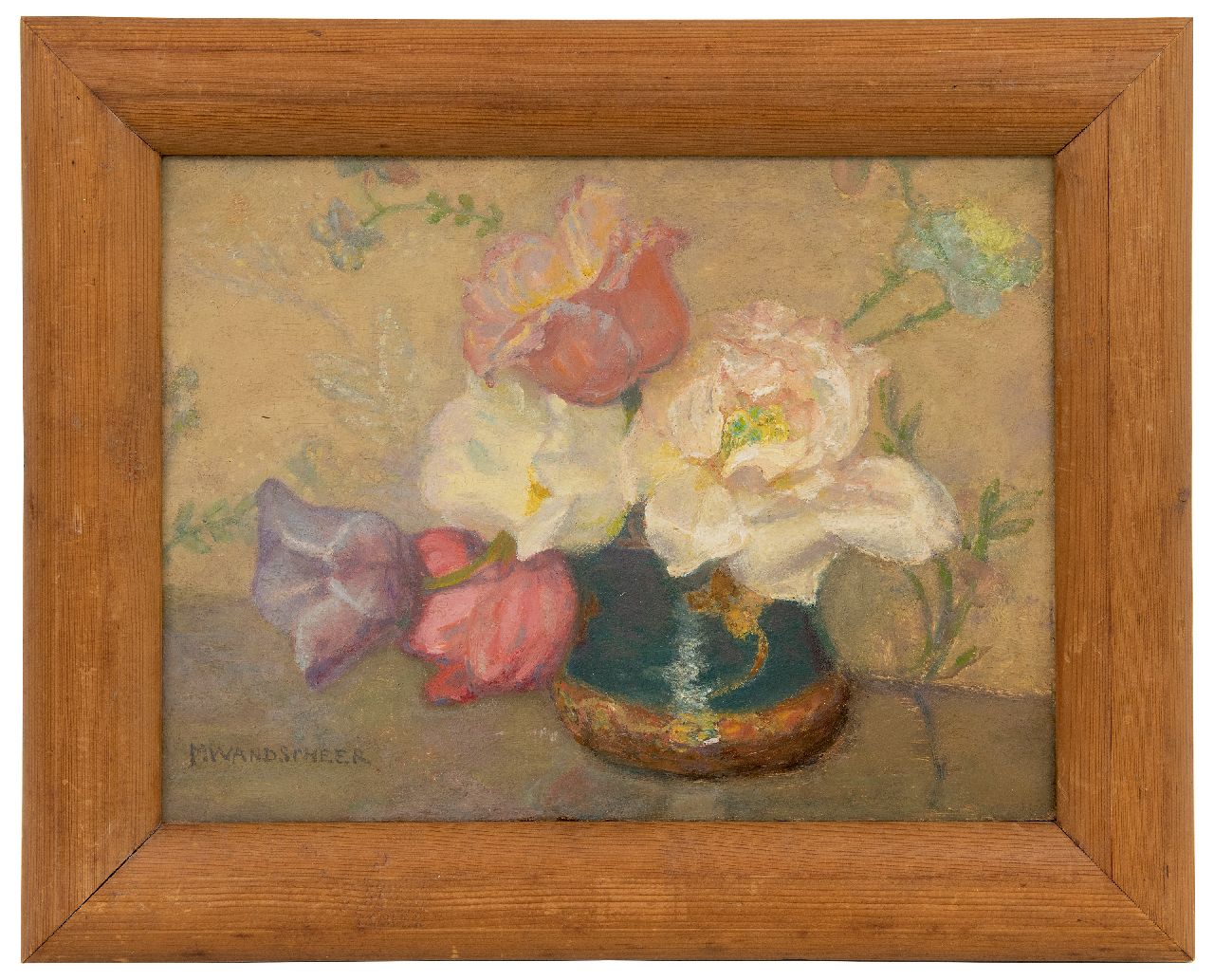 Wandscheer M.W.  | Maria Wilhelmina 'Marie' Wandscheer | Schilderijen te koop aangeboden | Gemberpot met tulpen, olieverf op paneel 23,4 x 31,8 cm, gesigneerd linksonder
